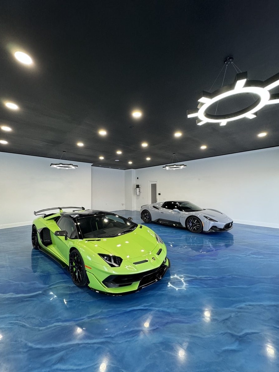 Lamborghini showroom blue metallic floor